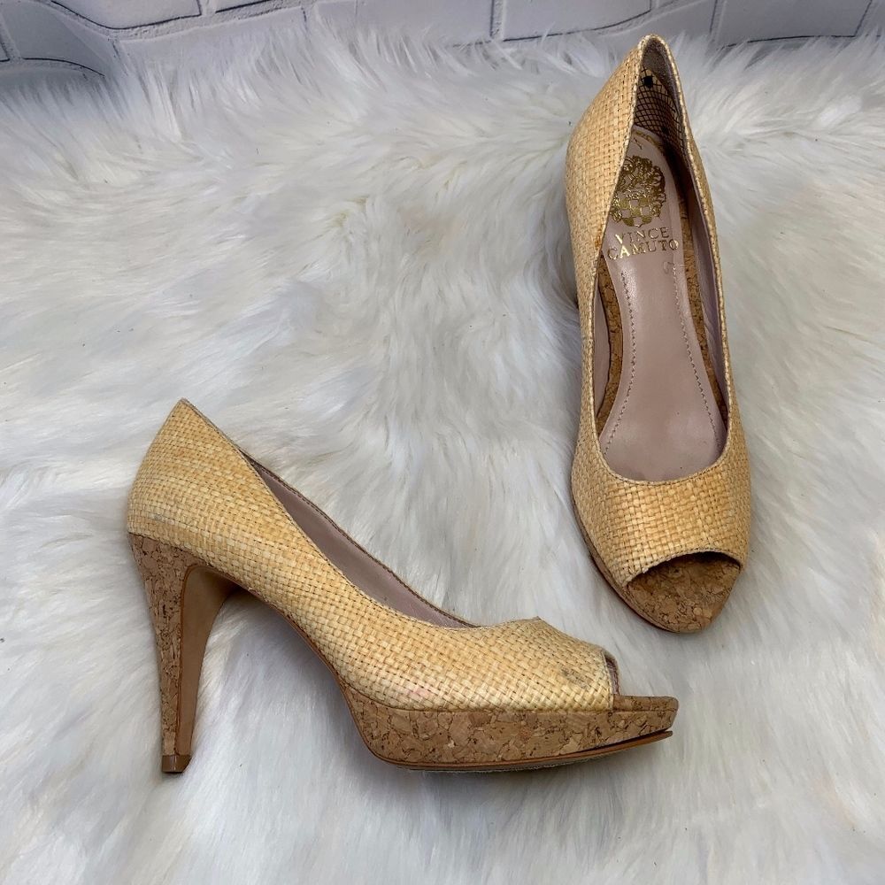 Vince Camuto Ashlynn Raffia Peep Toe Heels Sz‎ 5.5